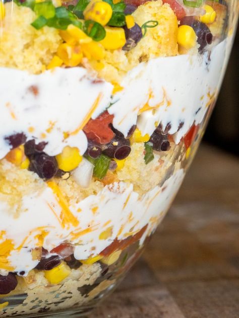 Cowboy Trifle Vertical 3 Cowboy Salad, Cowboy Cornbread, Cornbread Salad, Layered Salad Recipes, Layered Salad, Trifle Recipe, Potluck Dishes, Trifle, Delicious Salads