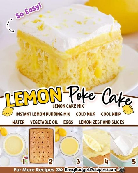 Lemon Poke Cake Recipe, Lemon Poke Cake, Poke Cake Lemon, Box Cake Recipes, Roll Cakes, Cake Mix Desserts, Lemon Dessert, Cake Mixes, Lemon Cake Mixes