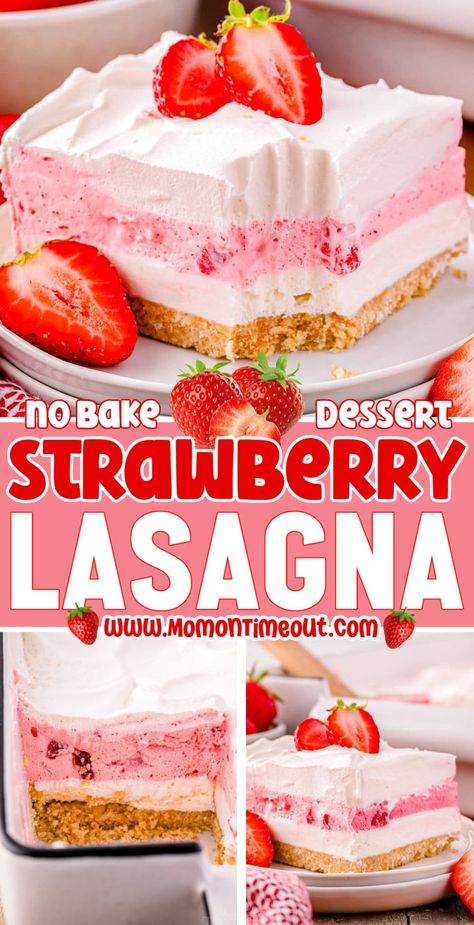 This gorgeous Strawberry Lasagna is a delicious no bake, four layer dessert that is wonderfully refreshing, light, and oh-so-pretty! Layers of creamy cheesecake filling, sweet strawberry goodness, and a touch of buttery cookie crust, all topped whipped cream and fresh strawberries. It's the perfect dessert for potlucks and barbecues or simply satisfying your sweet tooth on a warm summer night. | MomOnTimeout.com Strawberry Lasagna With Golden Oreos, Strawberry Cream Dessert Recipes, Cool Whip Strawberry Dessert, Strawberry Dream Whip Dessert, Strawberry Pudding Recipe, Leftover Strawberry Recipes, Strawberry Delight No Bake Dessert, Strawberry Lasagna Desserts No Bake, Desserts With Whipping Cream