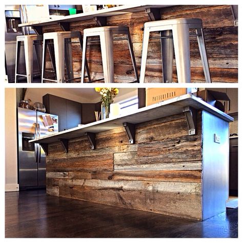 Handmade refinished bar with reclaimed wood. Reclaimed wood kitchen island. Reclaimed Kitchen Island, Barnwood Kitchen, Reclaimed Kitchen, Reclaimed Wood Kitchen Island, Reclaimed Wood Kitchen, Island Chairs, Bar In Casa, Kitchen Island Bar, Diy Basement