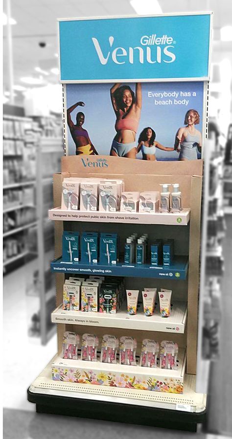 Check out this summer promotional endcap for Gilette Venus razors. Using floral patterns, sand texture, and brand photography this endcap came together to promote different brand sections while also having a cohesive look. #endcap #display #visualmerchandising #retailer #razor #target Endcap Display, Merchandising Retail, Sand Texture, Smooth Glowing Skin, Gillette Venus, Sand Textures, Marketing On Instagram, Brand Photography, Photography Branding