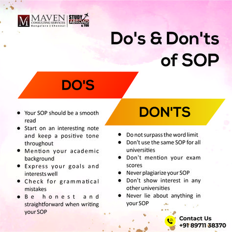 The following is a list of things that should and should not be included in your statement of purpose (SOP), as well as things that you should pay attention to when writing your SOP in order to make it appear more persuasive. Get in touch with us for expert counselling at +91 89711 38370 or visit www.mavenconsultingservices.comFor more Information regarding Study Abroad.#StudyAbroad #StudyAbroadDream #StudyOverseas #GRE #OverseasEducation #Mavenconsultingservices #GermanLanguageTraining Best Stu Statement Of Purpose Study Abroad, Beautiful Bedroom Furniture, Statement Of Purpose, Gre Prep, English Phrases Idioms, Creative Advertising Design, Overseas Education, Beautiful Bedroom, College Essay