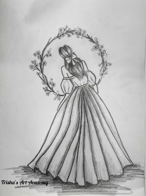 Girly Drawings Cute Beautiful, Girly Drawings Pencil, Art Sketches Realistic, Barbie Drawing Sketches, Girl Drawings Easy, Girl Sketch Easy, Back Side Drawing, Girl Dress Drawing, Frock Drawing