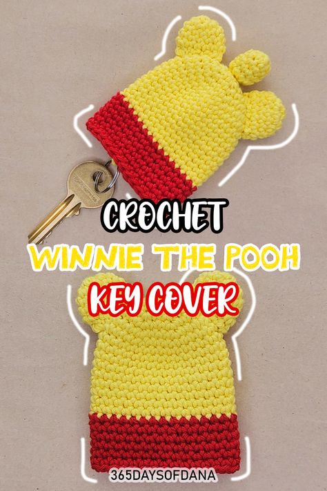 A detailed crochet tutorial for a Winnie the Pooh key cover. Great for beginners. Crochet Key Holder Pattern, Crochet Key Fob Holder, Crochet Key Cozy Pattern Free, Crochet Key Fob Cover, Crochet Car Key Cover, Crochet Key Holder Pattern Free, Crochet Key Cover Free Pattern, Crochet Key Holder, Winie The Pooh