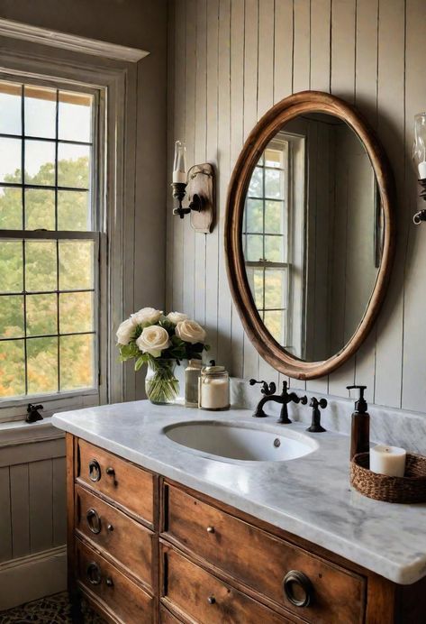 Light Wood Master Bath, Farm Chic Bathroom Ideas, Cozy Farmhouse Bathroom Master Bath, Homestead Bathroom Ideas, Romantic Vintage Bathroom, Master Bath Cottage, Home Inspiration Farmhouse, Subtle Farmhouse Decor, Fireplace In Bathroom Ideas