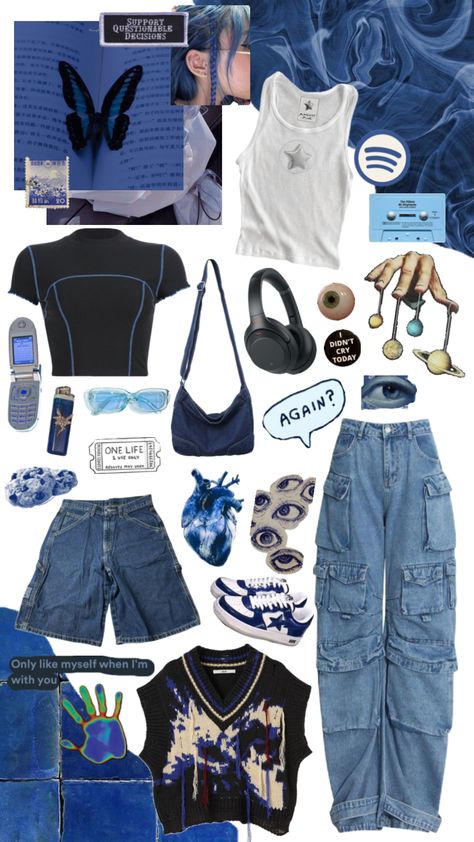 #blueaesthetic #streetwear (ish) #aestheticmoodboard #styleinspo #style #outfitinspo #moodboard #beauty Streetwear Moodboard, Downtown Outfits, Alt Outfits, Aesthetic Moodboard, Blue Streetwear, Cute Disney Wallpaper, Cool Street Fashion, Cute Disney, Cute Fits