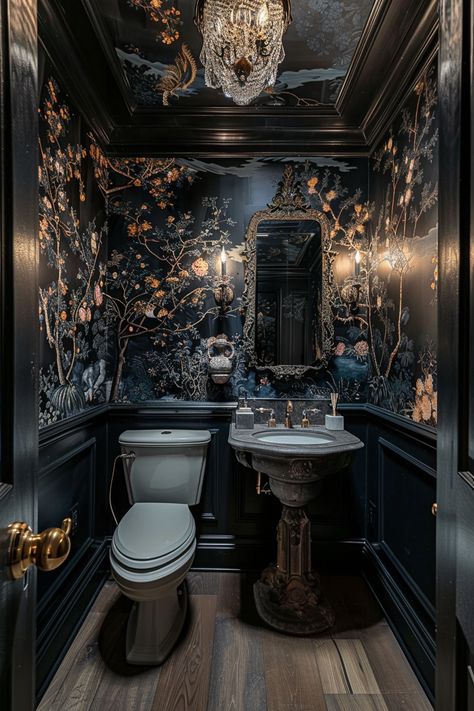 Black Ceiling Powder Room, Two Tone Powder Room, Woodland Living, Dramatic Powder Room, Moody Powder Room, Dining Room Drapes, Black Powder Room, Red Ceiling, Dark Bathrooms