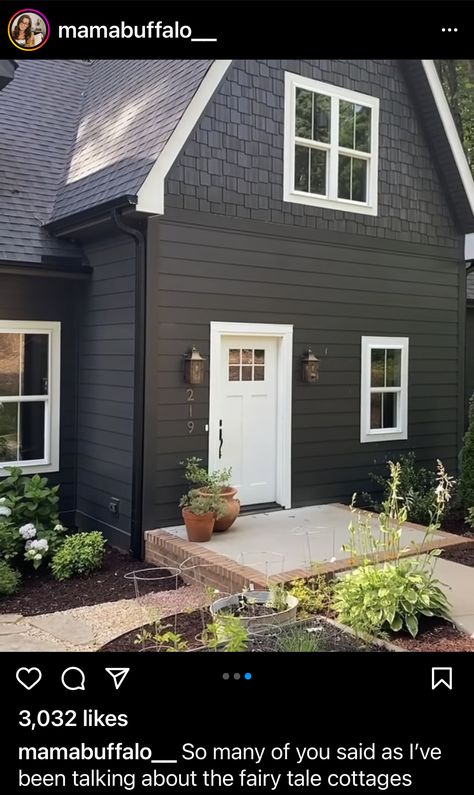 Charcoal Black House Exterior, White Windows Dark Trim Exterior, Dark Gray House Exterior White Trim Black Windows, Charcoal Siding House Exterior, Small Black House Exterior, Dark House White Windows, Dark Grey Exterior House, Black House White Windows, Dark Charcoal House Exterior