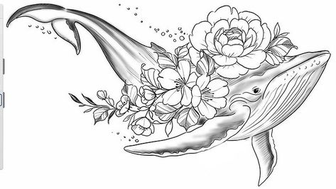 Dolphin Floral Tattoo, Dolphin Flower Tattoo, Floral Whale Tattoo, Whale And Flower Tattoo, Whale Flowers Tattoo, Sea Animal Tattoos For Women, Ocean Flower Tattoo, Whale Tattoo Design, Welsh Tattoo