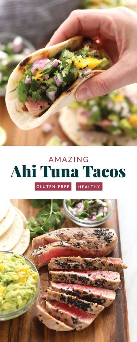 Gorgeous Ahi Tuna Tacos that are perfectly seared with sesame seeds and served with a citrus mango guacamole! Tuna Tacos Recipe, Ahi Tuna Tacos, Ahi Tuna Recipe, Mango Guacamole, Seared Ahi Tuna, Tuna Tacos, Ahi Tuna Steak, Tuna Steak Recipes, Zucchini Recipes Healthy