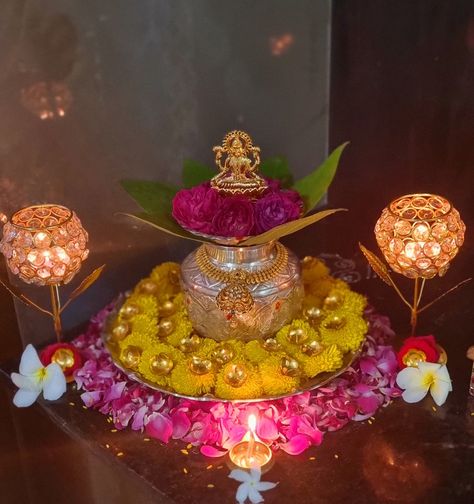 Devi Decoration Ideas, Lakshmi Pujan, Laxmi Pujan, Gauri Decoration, Tulasi Plant, Lakshmi Idol, Laxmi Puja, Varalakshmi Pooja, Puja Decor