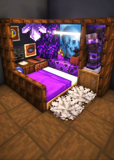 Minecraft Bedframes Ideas, Minecraft Royal Bedroom, Minecraft Loft Bedroom Ideas, Minecraft Canopy Bed, Minecraft Bedroom Ideas Game, Enchantment Room Minecraft, Cute Minecraft Bedrooms, Minecraft Beds, Minecraft Bed Ideas