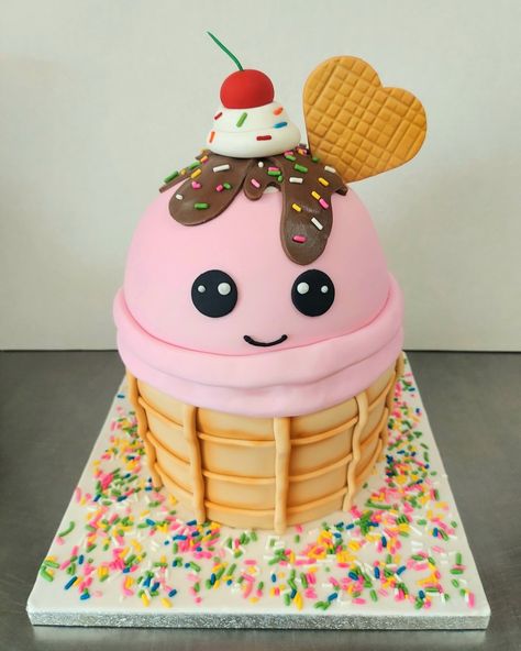 Ice Cream Shape Cake, Ice Cream Shaped Cake, Ice Cream Cone Cakes Birthday, Ice Cream Cone Cake Decoration, Ice Cream Cone Decorated Cake, Ice Cream Cone Shaped Cake, Birthday Cake With Ice Cream Cone, Ice Cream Party Cake, Third Birthday Cake