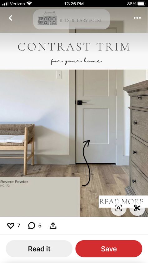 Revere Pewter Trim, Pewter Trim, Interior Accent Wall, Flooring Colors, Balanced Beige, Trim Paint Color, Trim Paint, Revere Pewter, Pewter Color