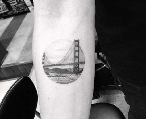 Golden Gate circle tattoo on the right inner forearm. Golden Gate Bridge Tattoo, Woo Tattoo, Dr Woo Tattoo, San Francisco Tattoo, Bridge Tattoo, Game Of Thrones Tattoo, Dr Woo, Inner Forearm Tattoo, Circle Tattoos