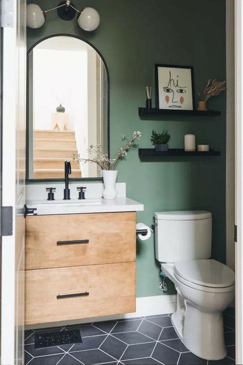 Very Small Bathroom, Mid Century Modern Bathroom, Small Bathroom Makeover, Casa Vintage, Downstairs Bathroom, Half Bathroom, Upstairs Bathrooms, Bathroom Redo, Tiny Bathroom