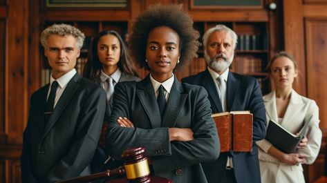 StockCake Diverse group of confident lawyers standing together in a courtroom, displaying professionalism and determination. Team Photoshoot, Group Of Five, Professional Attire, Group Photos, Well Dressed, Lawyer, Royalty Free Images, Free Stock Photos, High Quality Images