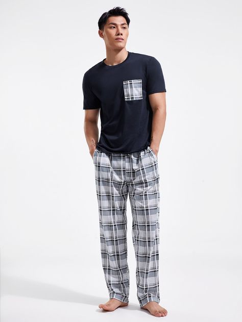 Azul Marinho  Collar Manga Curta  Xadrez Conjuntos de Pijama Embellished Elasticidade Média Todos Pijamas Men, Pijama Hombre Aesthetic, Men’s Pajamas Aesthetic, Men’s Pajamas, Man Pijama, Plaid Pjs Men, Plaid Pajama, Men Loungewear, Plaid Trousers