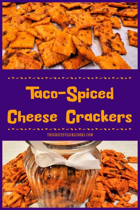 Make Taco-Spiced Cheese Crackers as a delicious snack! Recipe makes 12 (½ cup) servings of baked cheese crackers coated with seasoning sauce. via @gratefuljb Cheese Nips Crackers, Seasoned Cheese It Crackers, Cheese It Crackers, Spicy Crackers, Seasoned Crackers, Taco Spice, Cheese Snacks, Snack Mix Recipes, Baked Cheese