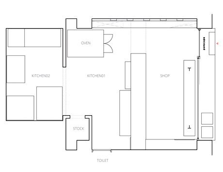 Rustic Bakery Design in Japan - Commercial Interior Design News | Mindful Design Consulting - bakery-floor-plan Bakery Shop Layout Floor Plans, Bakery Cafe Floor Plan, Bakery Layout Floor Plans, Bakery Floor Plan, Micro Bakery Kitchen Layout, Cafe Floor Plan Layout, Coffee Shop Floor Plan With Dimensions, Rustic Bakery, Kitchen Floor Plan