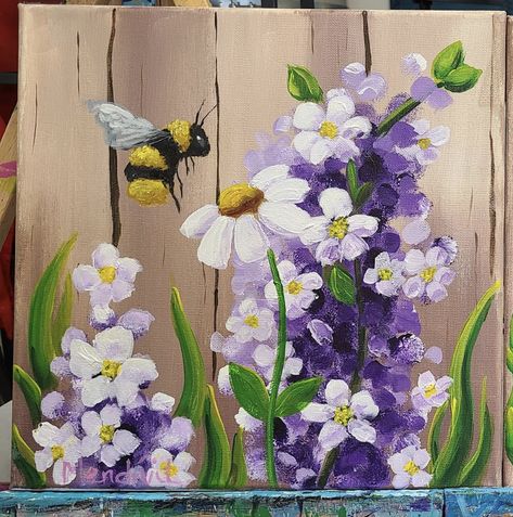 Painted Flower Garden, Bee Flower Painting, Spring Flower Painting Easy, Diy Sip And Paint Canvas Ideas, Painted Mailbox Ideas Diy, Spring Canvas Painting, Sourdough Painting, Spring Acrylic Paintings, Slate Painting