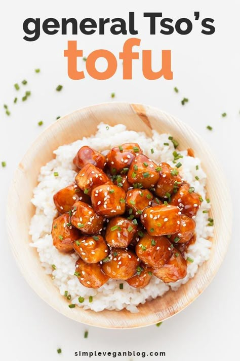 General Tso's Tofu, ready in just 30 minutes. It’s spicy-sweet, healthier than the classic Chinese takeout dish, and one of my favorite tofu recipes. #tofu #vegan #glutenfree #dinner #simpleveganblog General Tso Tofu, Recipes Tofu, Plant Diet, Tofu Tacos, Tofu Vegan, Tofu Recipes Vegan, Mapo Tofu, General Tso, Chinese Takeout