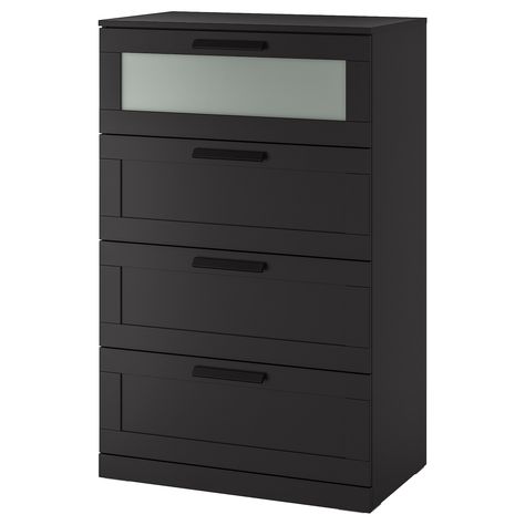 BRIMNES 4-drawer dresser, black/frosted glass, 303/4x487/8" The frosted glass top drawer creates a distinct look – place the chest of drawers as a solitaire or emphasize the look by placing two or more next to each other. Psst! Please attach to the wall. Smooth running drawers with pull-out stop. Brimnes Headboard, Brimnes Wardrobe, Brimnes Bed, Dresser Black, Ikea Dresser, Black Headboard, Bedroom Armoire, 4 Drawer Dresser, White Chests