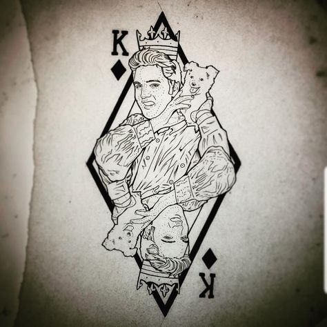 Laura Casey on Instagram: “#kingofrockandroll #kingofrocknroll #elvis #elvistattoo #customtattoo #customtattoodesign #customflashtattoo  #dontbeshitty…” Freddie Mercury Tattoo, Elvis Tattoo, Queen Of Hearts Tattoo, Rock Tattoo, Om Tattoo, Queen Tattoo, Tasteful Tattoos, Female Tattoo Artists, Custom Tattoo Design