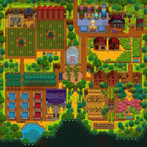 Four Corners Farm! Year 5 (update 1.5) : FarmsofStardewValley Stardew Farm Ideas, Stardew Valley Design, Hill Top Farm, Zelda Map, Stardew Valley Farm Ideas, Stardew Valley Farm Layout, Farm Layouts, Stardew Farm, Stardew Farms