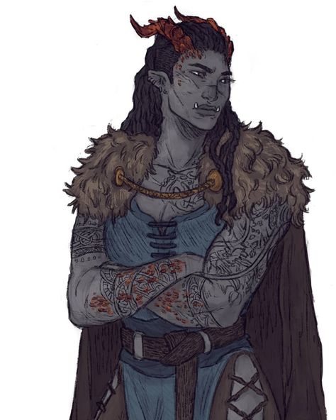 I finally finished this drawing of Karata (half orc/half goliath barbarian with a dragon curse) for @savannahraymont recently! She's a big… Half Orc Half Tiefling, Half Goliath, Dnd Goliath, Goliath Barbarian, Tiefling Barbarian, Humanoid Dragon, Barbarian Dnd, Tiefling Female, Rune Knight