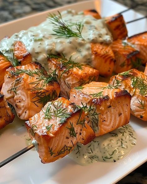 Grilled Salmon Skewers With Yogurt Dill Sauce, Grilled Salmon Skewers With Dill Sauce, Grilled Salmon Skewers With Creamy Dill, Grilled Salmon Skewers With Creamy Dill Yogurt Sauce, Grilled Salmon Skewers With Creamy Dill Sauce, Dill Yogurt Sauce, Vegan Grilling Recipes, Yogurt Dill Sauce, Salmon Skewers