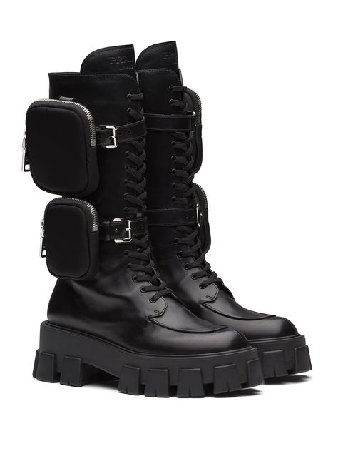 Prada Monolith Chunky Boots | Farfetch.com Prada Chunky Boots, Prada Monolith Boots, Prada Outfits, Prada Monolith, Black Runway, Chunky Combat Boots, Prada Boots, Converse Outfits, Style Converse