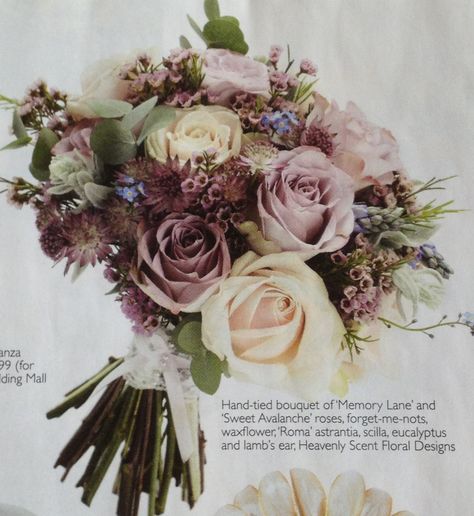 This is pretty much my ideal bouquet - muted pink and mauve, ivory, a hint of light blue, grey foliage, not too much green - maybe a few more flowers though :o) Wedding Bouquets Mauve, Mauve Wedding, Dusty Rose Wedding, Purple Wedding Flowers, Blue Wedding Flowers, Wedding Flower Arrangements, Bouquet Of Flowers, Mauve Color, Wedding Images