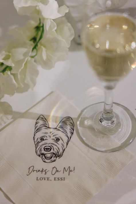 Custom cocktail napkin with adorable pet illustration—fun and unique wedding detail. Luxury Event Design, Personalized Cocktail Napkins, Youngstown Ohio, Pet Illustration, Cocktail Napkin, Custom Cocktail Napkins, Luxury Event, Cocktail Napkins, Unique Wedding