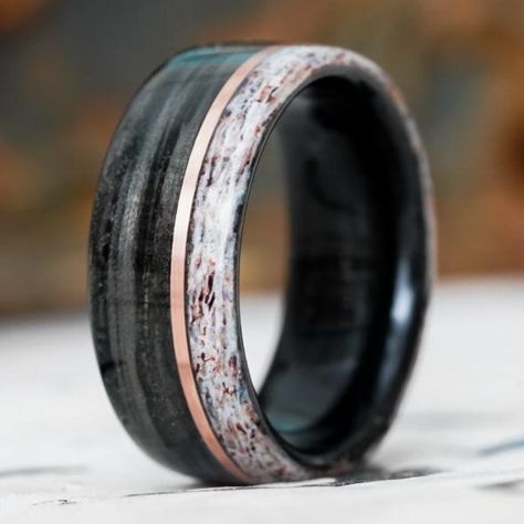 Rings - Weathered Whiskey Barrel Wood Wedding Ring With Elk Antler Edge And Offset Gold Inlay Hunting Wedding Rings, Wooden Wedding Bands, Whiskey Brands, Wood Wedding Ring, Elk Antler, Wood Wedding Band, Barrel Rings, Elk Antlers, Wood Wedding