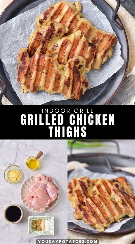 Plates of chicken, ingredients on a table and text: Indoor Grill Grilled Chicken Thighs. George Foreman Chicken, Chicken Thigh Grill Recipes, George Foreman Recipes, Chicken George, Simple Marinade, Fried Chicken Legs, George Foreman Grill, Grilled Chicken Thighs, George Foreman