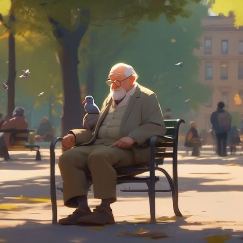 there is a painting of an old man sitting on park chair with a pigeon on shoulder, New York City park, concept art of single boy, sergey kolesov, animated film, concept art for movie, in style of atey ghailan, pixar concept art, by Goro Fujita, atey ghailan 8 k, animated film still, animated movie still, inspired by Atey Ghailan Atey Ghailan Art, Old Man Animation, Old Man Concept Art, Pixar Art Style, Old Man Character Design, Old Man Illustration, Park Concept Art, Sergey Kolesov, Atey Ghailan