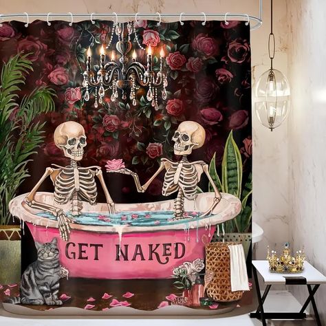 Gothic Skeleton Shower Curtain Funny Get Naked Design - Temu Pelottava Halloween, Spooky Funny, Skull Couple, Skull Shower Curtain, Unique Bathroom Decor, Vintage Spooky, Halloween Bathroom, Den Mrtvých, Bathroom Shower Curtain Sets