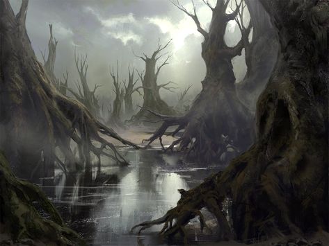 ArtStation - Swamp, Mathias Zamęcki Swamp Village, Fantasy Forest, Fantasy Places, Fantasy Setting, Fantasy Art Landscapes, Fantasy Concept Art, Arte Fantasy, Fantasy Rpg, Fantasy Inspiration