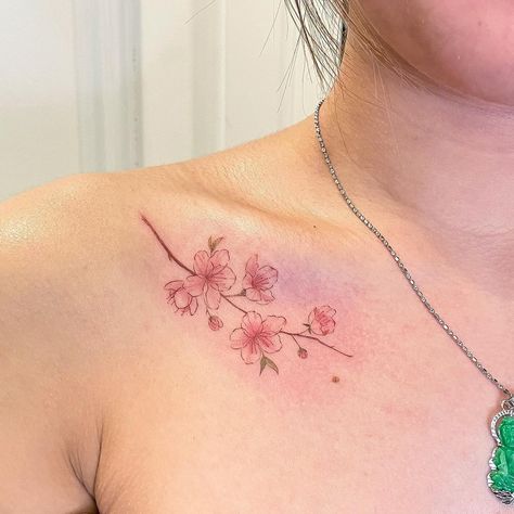 Cherry blossoms on the collarbone 🌸 from my flash! Thanks @ericathai 💜 for letting me bring this to life 😍 | Instagram Toronto Tattoo, Color Tattoo, Cherry Blossoms, Cherry Blossom, Bones, Toronto, Blossom, Flash, Cherry