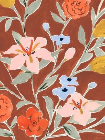 size: 12x9in Art Print: Warm Floral I by Victoria Borges : Fall Floral Print, Fall Prints Artwork, Winter Aesthetic Pink, Queens Apartment, Autumnal Art, Magical Nails, Oranges Print, Painted Floral Pattern, Modern Floral Pattern