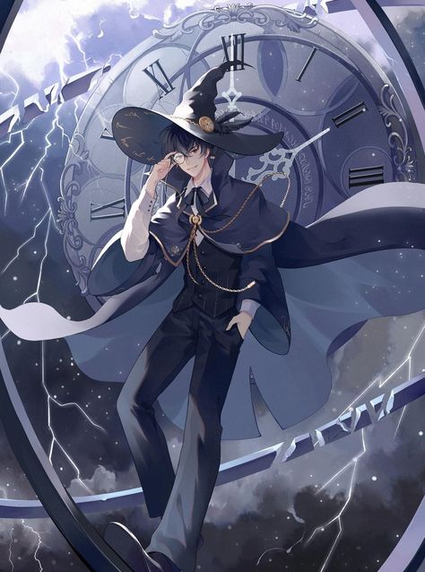 Anime Wizard Art, Amon Lord Of Mystery, Witch Boy Art, Clock Character Design, Male Witch Oc, Male Witch Art, Lord Of The Mysteries Amon, Witch Hat Art, Wizard Character Design