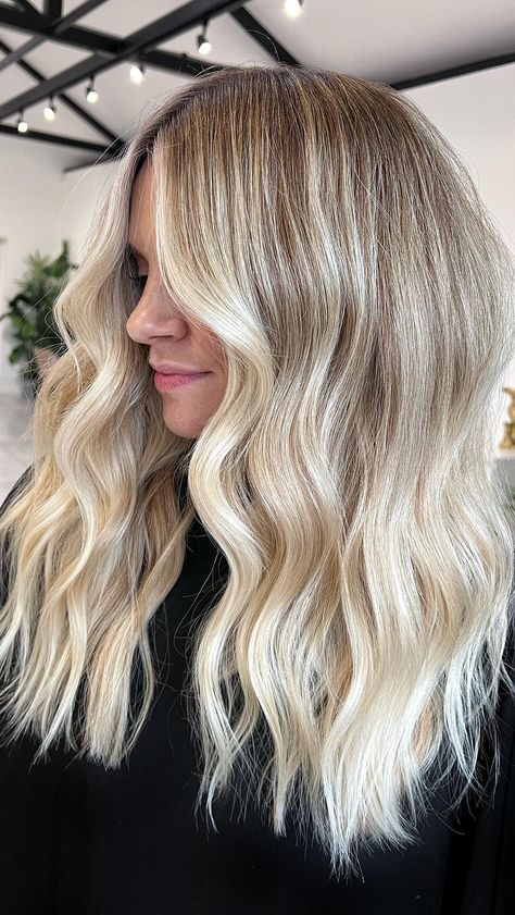 SUGAR COATED VANILLA 🥥 The goal was to lift to a bright creamy blonde that will blend seamlessly at the root so we can work towards only… | Instagram Soft Bright Blonde Hair, Hair Ideas Blonde Balayage, Bright Blonde Smudge Root, Natural Look Blonde Hair, Blonde Highlights Not To The Root, Full Foil Highlights Blonde With Shadow Root, Shadow Route Blonde Hair, Vanilla Blonde With Root Smudge, Blended Blonde Hair Balayage