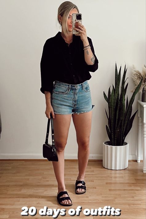 A black button-down shirt paired with denim shorts is a great choice for a stylish and comfortable fall transition outfit. The black shirt adds a touch of sophistication, while the denim shorts provide a relaxed and casual vibe. You can complete the look with ankle boots or sneakers, and add a statement necklace or earrings for a pop of color. This outfit is perfect for those in-between weather days when it's not quite cold enough for full-on fall attire but too chilly for summer clothes. Birkenstock Sandals Outfit, Sandals Outfits, Black Shirt Outfits, Fall Transition Outfits, Fall Attire, Black Button Down Shirt, Look Short, Sandals Outfit, Fall Transition