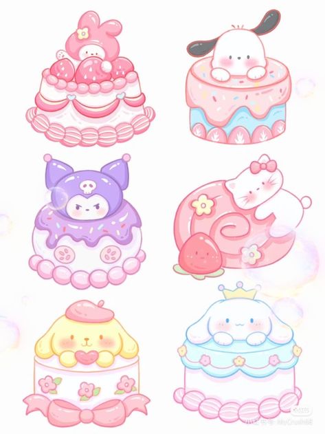 Cute Sanrio Drawing Ideas, Sanrio Food Drawing, Kawaii Doodles Cute, Sanrio Design, Hello Sticker, Hello Kitty Design, Kitty Cake, Cute Easy Doodles, Hello Kitty Crafts