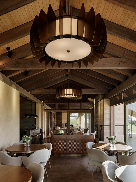 Dining & Lounge. Tara Iti Clubhouse in New Zealand. Interior Design by Herringbone Design (California). Architecture by Cheshire Architects & Photography by Patrick Reynolds. Clubhouse Lounge, Cheshire Architects, Utah Resorts, Dining Lounge, California Architecture, Timber Roof, Herringbone Design, Club House, Herringbone