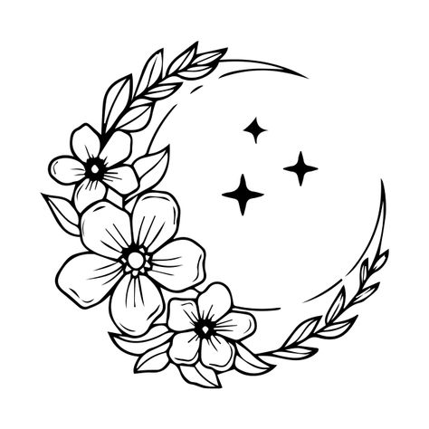 Check out this awesome 'Line+art+flower+and+moon+design' design on @TeePublic! Small Cute Flower Drawings, Mens Line Art Tattoo, Scraffito Designs Simple Flower, Flowers And Moon Tattoo, Flowerpot Painting Ideas, Printable Tattoo Designs Stencil, One Line Drawing Flower, Line Art Moon, Punch Pano