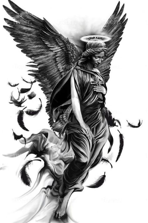 Angel Tattoo Drawings, Angel Warrior Tattoo, Angel Sleeve Tattoo, Christus Tattoo, Guardian Angel Tattoo Designs, Guardian Angel Tattoo, Archangel Tattoo, Heaven Tattoos, Half Sleeve Tattoos Drawings