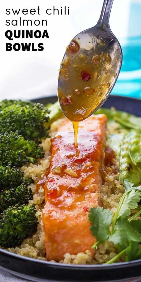 Sweet Chili Salmon & Broccoli Quinoa Bowl Broccoli Quinoa Bowl, Sweet Chili Salmon, Chili Salmon, Salmon Broccoli, Broccoli Quinoa, Salmon Quinoa, Salmon And Broccoli, Quinoa Bowls, Garlic Salmon