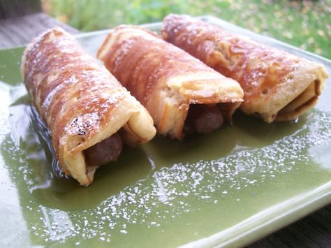 Breakfast Pigs In A Blanket Pancakes, Pancake Sausage Roll Ups, Sausage Wrapped In Pancake, Pancake Mix Uses, Pancake Sausage, Smoked Sausages, Sausage Wrap, Football Party Foods, Smoked Sausage Recipes